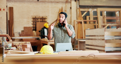 Photos Phone call, carpentry and man in workshop with argument for late delivery of materials for project