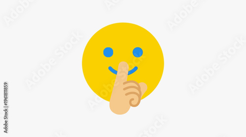 A yellow emoji face with blue eyes and a small smile, with a hand holding an index finger over its mouth, signaling silence or 'shhh'.