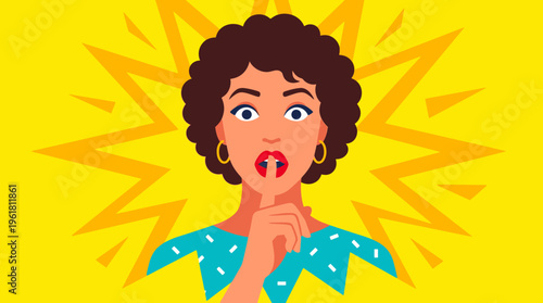 A surprised woman with curly hair makes a 'shhh' gesture, indicating a secret or silence, against a vibrant yellow background with an orange starburst.
