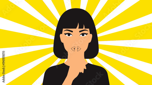 Stylized illustration of a woman with short black hair making a 'silence' gesture against a vibrant yellow sunburst background.