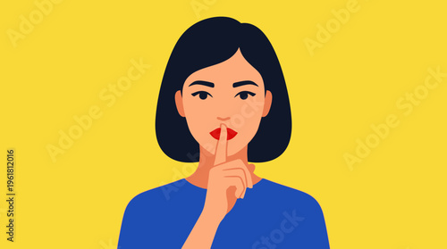 A woman with dark hair making a silence gesture with her finger on her lips against a yellow background.