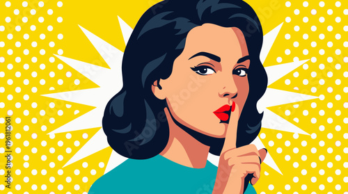 A pop art illustration of a woman with dark hair and red lips making a "shhh" gesture against a vibrant yellow polka dot background.