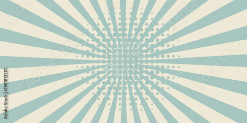 Sunlight retro horizontal background. Pale blue and beige color burst background. Fantasy Vector illustration. Magic Sun beam ray pattern background. Old paper starburst. Circus poster or placard