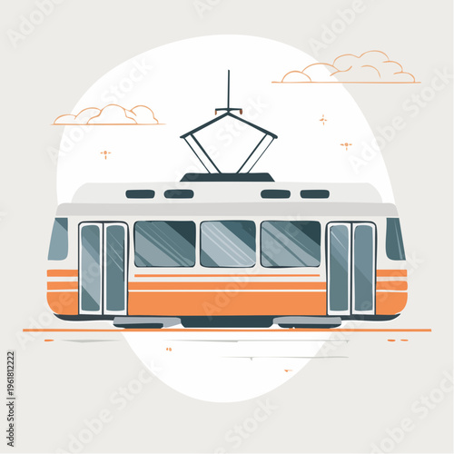 Modern Electric Tramway Vehicle with Orange Accents Traveling on Tracks