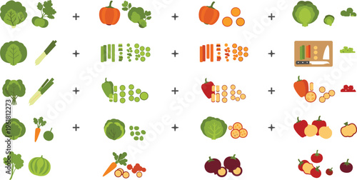 Vegetable cutting and preparation steps flat vector illustration fresh produce sliced chopped and whole food ingredients cooking process set