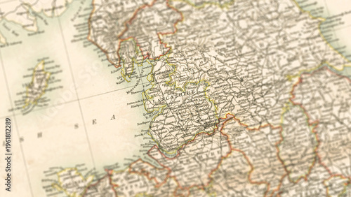 Fotografía Macro View of Vintage Map Highlighting Lancashire England with Detailed Regional
