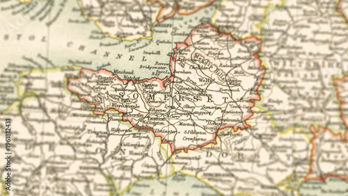 Quadro su tela Macro close up of a vintage map highlighting Somerset in the United Kingdom, sho