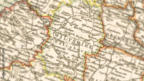 Schilderij op canvas A close-up view of an antique map of Wiltshire, England