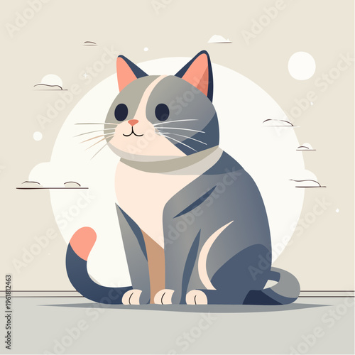 Charming cartoon cat illustration with grey and white fur, sitting calmly in a minimalist background, ideal for playful pet-themed content