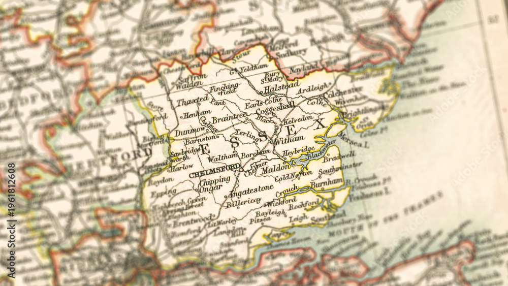 Obraz premium Macro View of Vintage Map Highlighting Essex Shire England with Detailed Regional Cartography