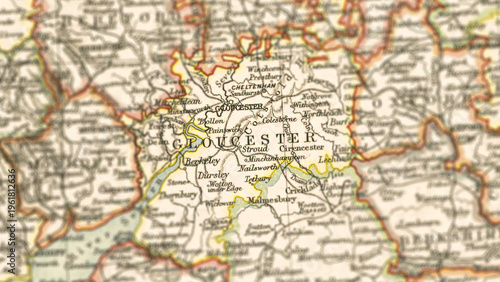 Obraz na plátně Macro View of Vintage Map Highlighting Gloucestershire England with Detailed Reg