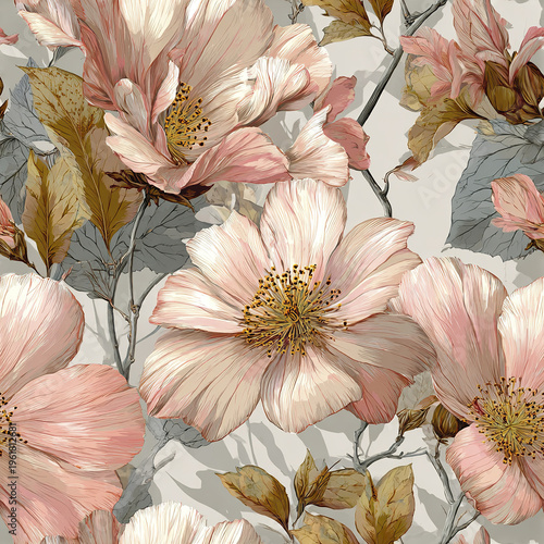 Elegant blush botanical bloom with vintage wallpaper texture, soft pink flower petals and detailed leaves create delicate and charming floral pattern with classic feel