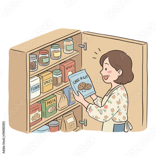 Woman opening pantry to reveal various food items on shelves