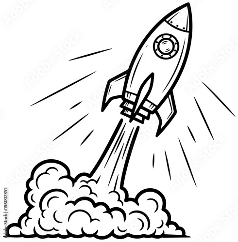 Rocket ship blasting off into space with motion lines and smoke