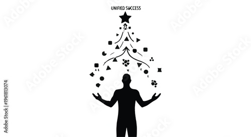 black silhouette of man juggling stars and shapes