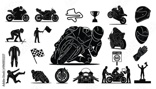 Motorcycle racing silhouettes and sportbike icons set