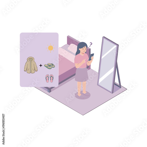 Woman plans outfit in bedroom with dress options and mirror reflection