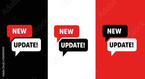 Speech bubbles announce UPDATE on black, white, and red backgrounds