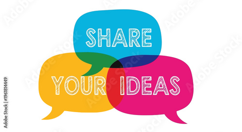 A creative communication scene with colorful speech bubbles expressing ideas