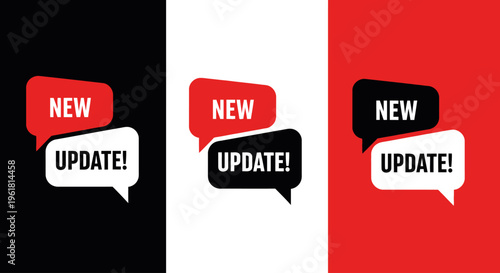 Three colorful speech bubbles with 'NEW UPDATE!' text on black, white, and red backgrounds