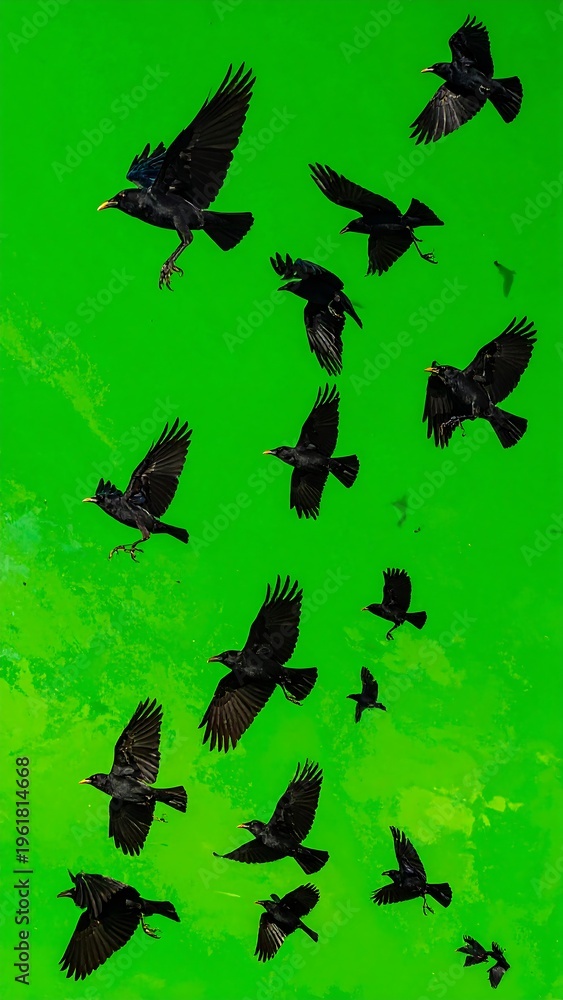 Fototapeta premium A flock of birds in flight against a vibrant green background