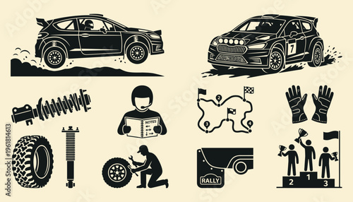 Rally car racing icons and symbols set in black and white silhouette style