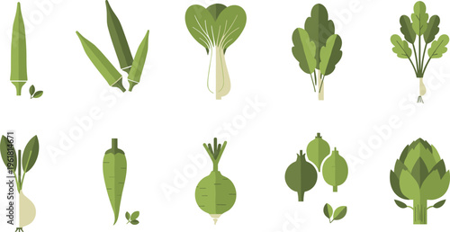 Green vegetables collection flat vector illustration fresh organic produce icons including leek cabbage radish onion and leafy greens set