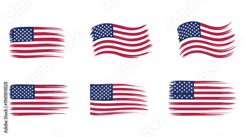 Set of distressed american flag icons with grunge brush stroke texture.
