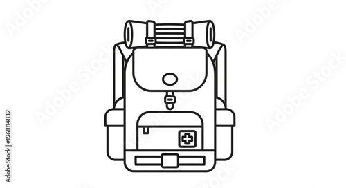 Detailed Line Art of a Hiking Backpack with Supplies.