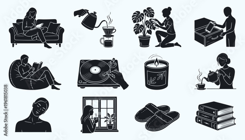 Minimalist slow living icons for self care and mindfulness routines
