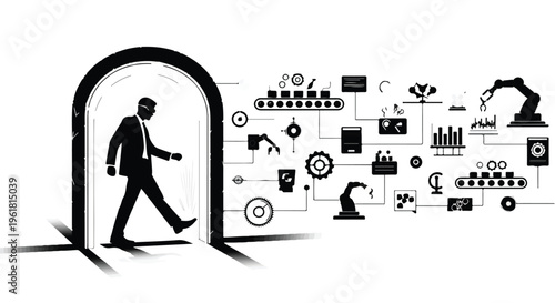 businessman stepping into innovative technology and data analysis concept