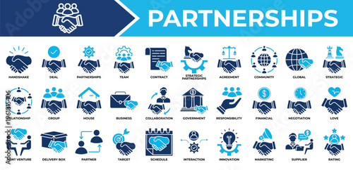 Partnerships icon set collection. Containing, commitment, joint, organization, partner, trust, handshake, important .Solid vector icons collection