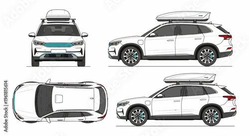 A mockup car with a roof box is shown from multiple angles on a clean surface.