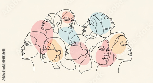 Diverse Womens Faces in Continuous Line Art with Watercolor Accents.