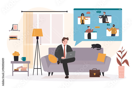 Video conference, teamwork. Smart businessman or freelancer sitting on sofa and using laptop. Workplace at home or modern coworking interior. Online meeting work.