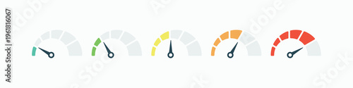 Five progress indicators show gradual increase. Minimalist design uses soft pastel to red gradients. Each gauge features a pointer showing current level