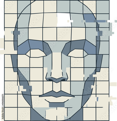 A pixelated illustration of a human face composed of grid squares in various shades.