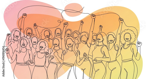 Line Art Crowd Celebrating Under Abstract Shapes.