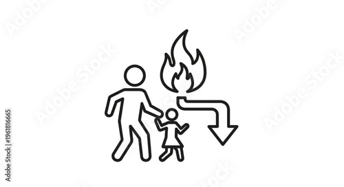 Emergency evacuation icon depicting adult and child escaping fire.
