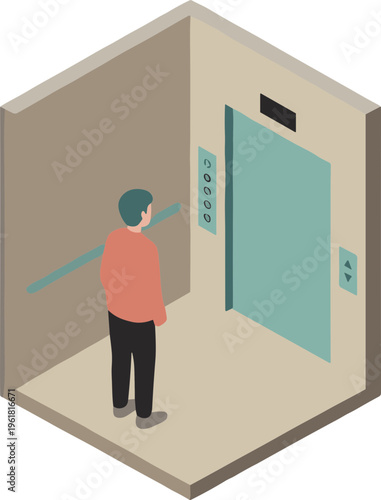 A person stands inside a futuristic elevator cubicle