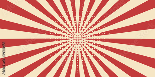 Red sunburst lines on yellow Background. Light sun rays pattern. Vintage stripes halftone radial wallpaper for poster, banner, advertising backdrop, comic or circus scene.
