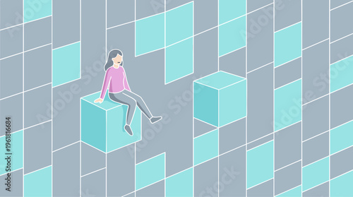 Person sitting on a cube in a grid of cubes indoors