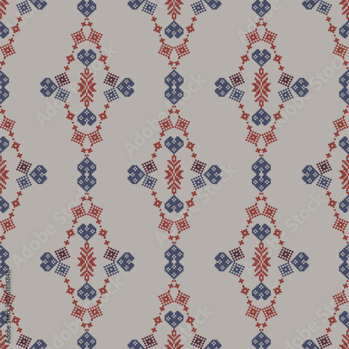 Navy blue and red pixel ethnic boho seamless pattern. Traditional vintage ornament. Tribal pattern. Folk motif. Design for wallpaper, textiles, wrapping, and web page backgrounds. Scandinavian style.