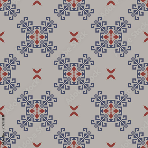 Navy blue and burgundy red cross-stitch seamless pattern with ethnic ornament. Vector background. Scandinavian style. Ukrainian pixel pattern. Romanian pattern. Wallpapers and textiles.