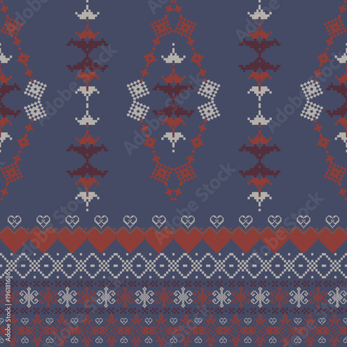 Burgundy red and navy blue cross-stitch ethnic boho seamless pattern. Patchwork texture. Weaving. Traditional ornament. Pixel pattern. Tribal pattern. Folk motif. Design for wallpaper, textiles, and w