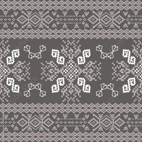 Olive green and white pixel seamless knitted pattern with ethnic elements. Vector illustration. Ukrainian pattern. Textile rapport. Wallpapers and elaborate borders.