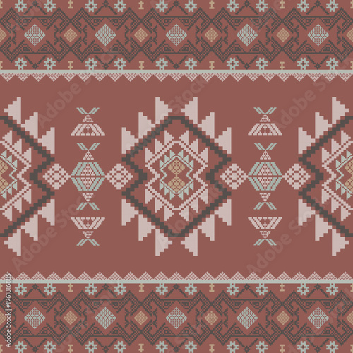 Brown cross-stitch ethnic boho seamless pattern. Tribal pattern. Folk motif. Textile rapport. Pixel pattern. Wallpapers and elaborate borders.
