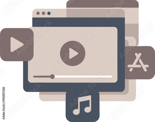 Multimedia icons including play button on monitor with music note and mobile device symbols