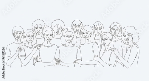 Line art depiction of a group of people in a huddle.