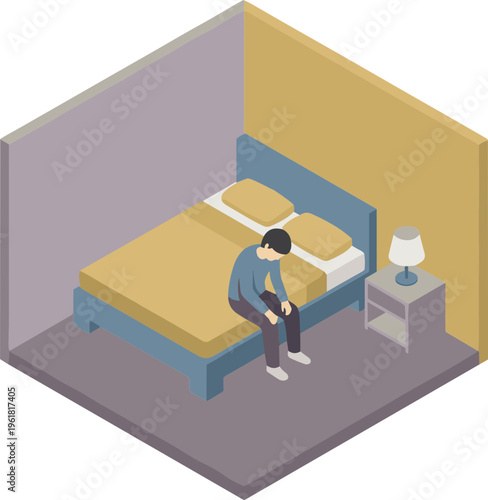 A man sits on a bed in a small room with a nightstand